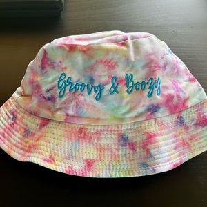 Tie dye bucket hat with blue embroidered Groovy and Boozy